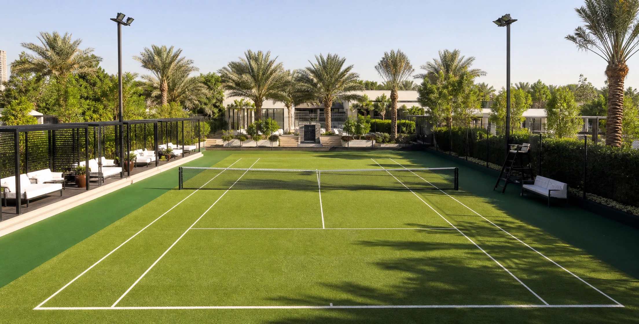 Artificial grass tennis court built at a residential property in the UAE by Raymond Sport