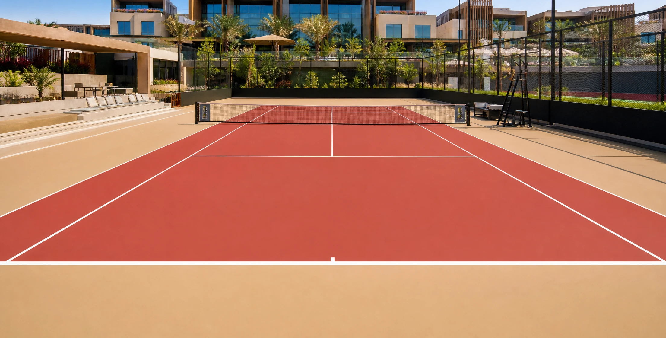 Cushioned acrylic tennis court built for a club in Dubai by Raymond Sport