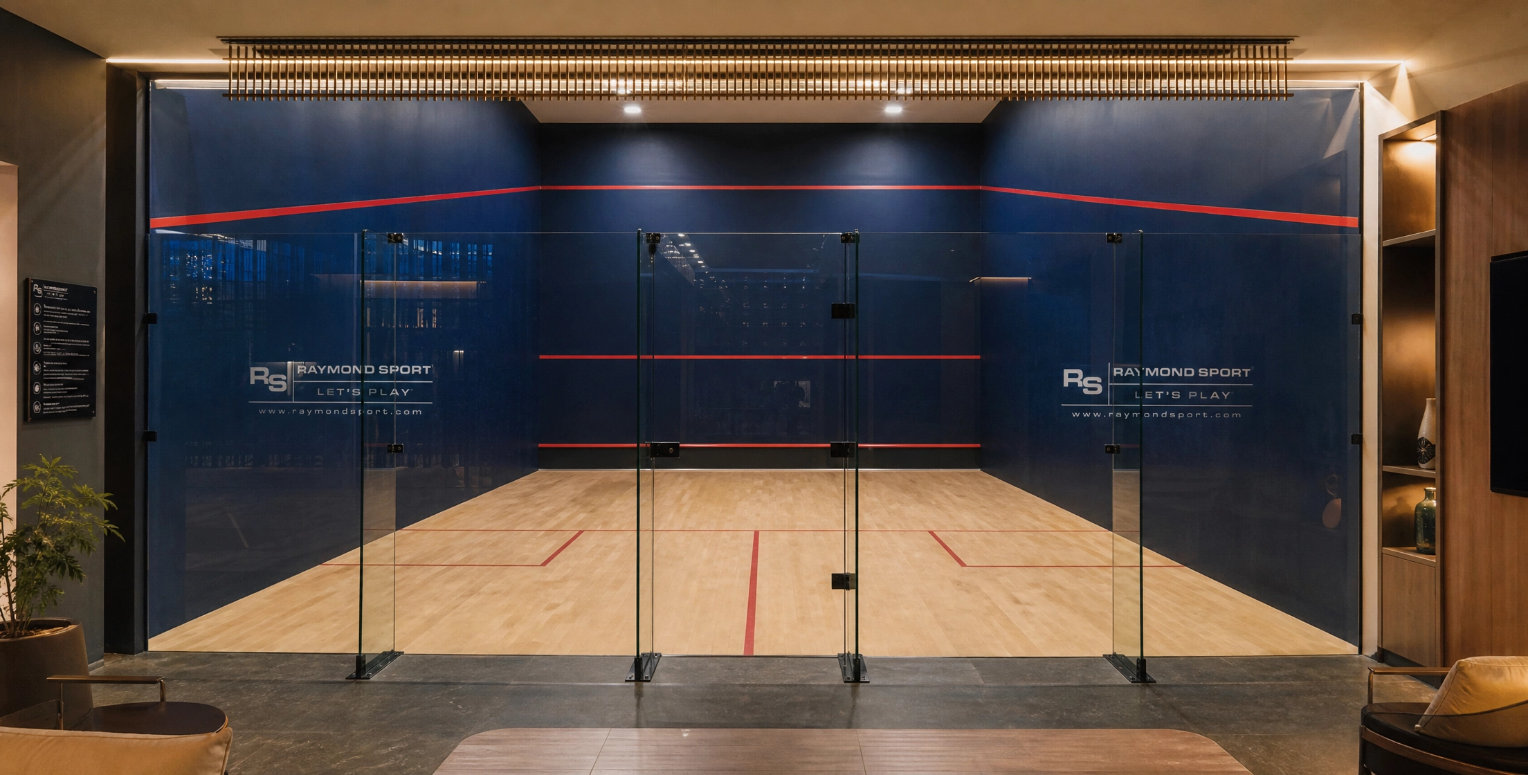 Toughened glass back wall squash court built by Raymond Sport in the UAE