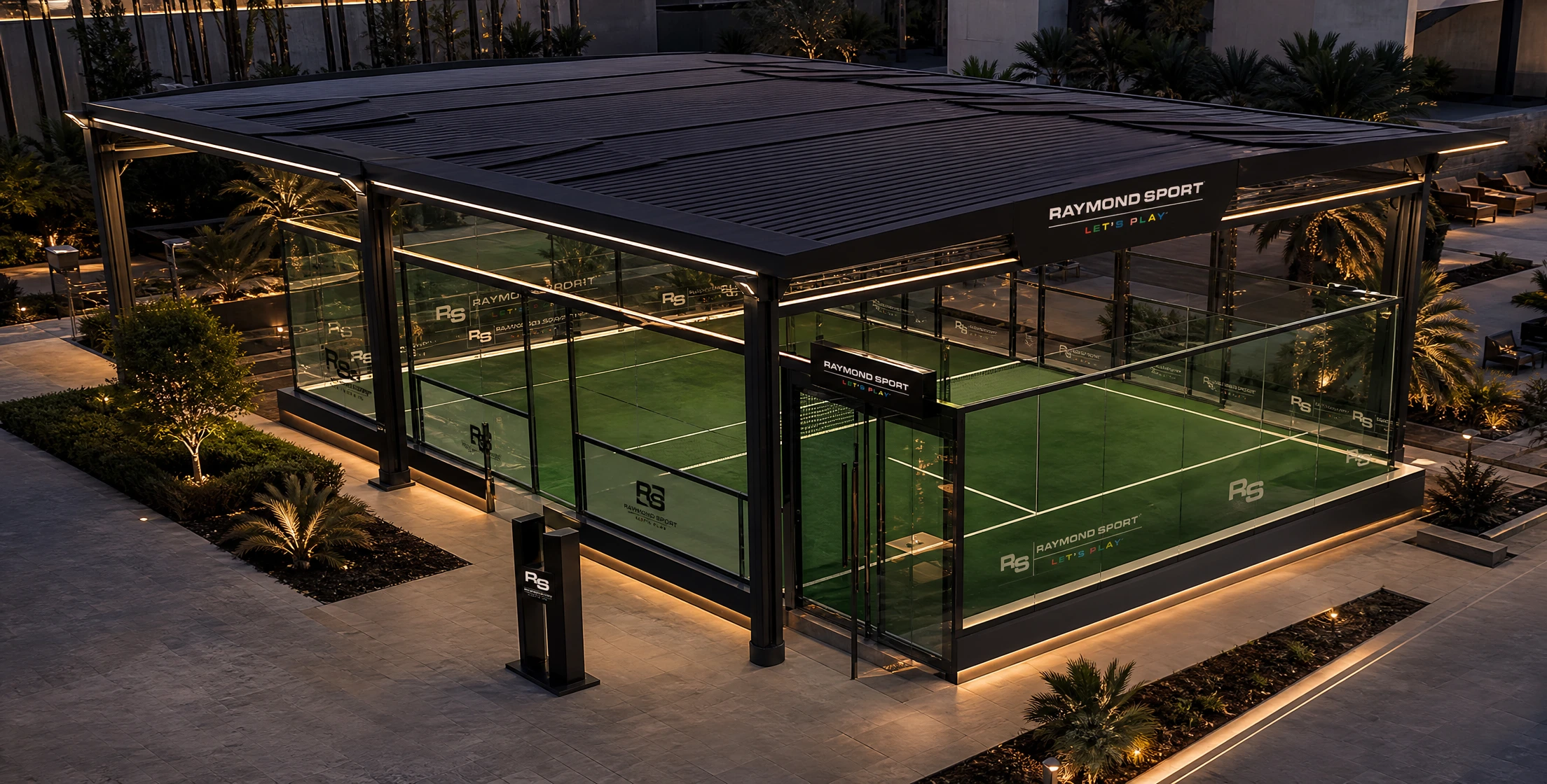 Indoor covered padel court with LED floodlighting built by Raymond Sport in Dubai