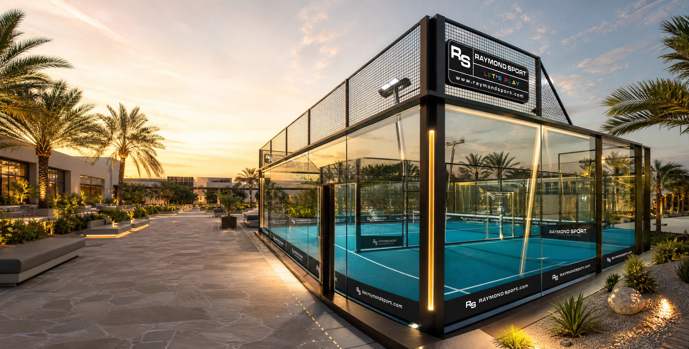 Panoramic padel court with full glass side walls installed by Raymond Sport in Dubai