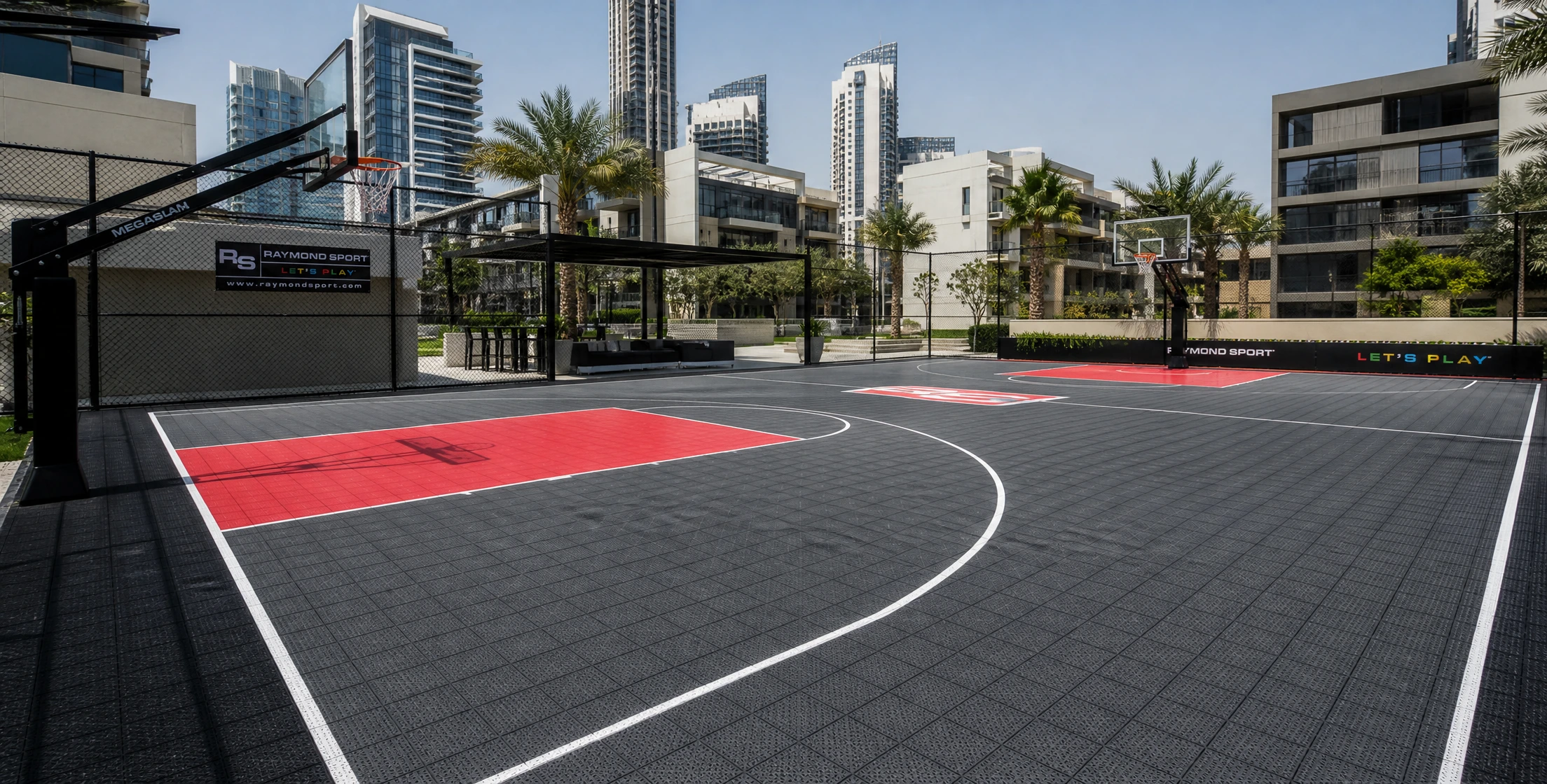 Modular polypropylene tile basketball court installed in Dubai by Raymond Sport