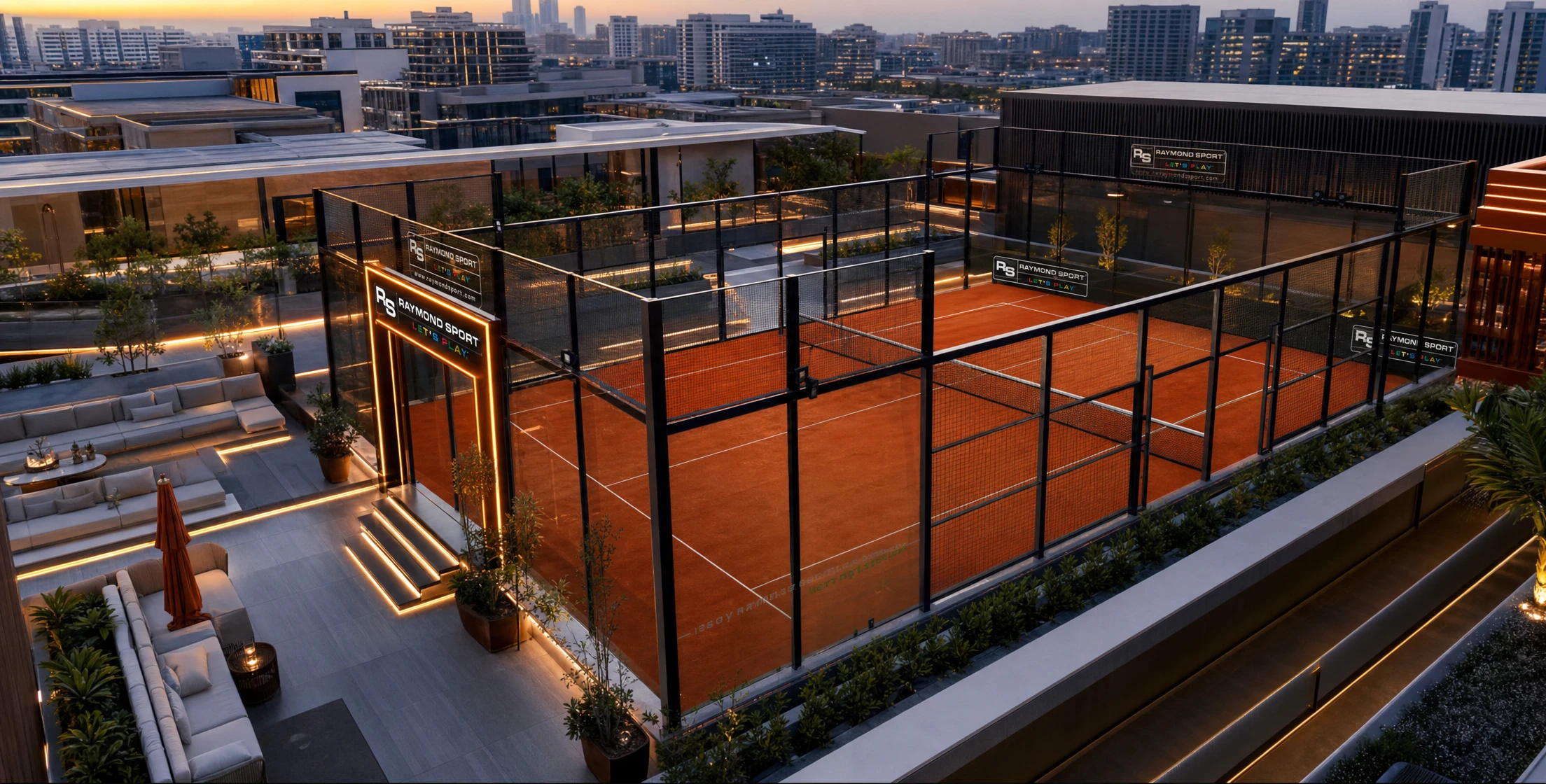 Rooftop padel court installed on a residential development in Dubai by Raymond Sport
